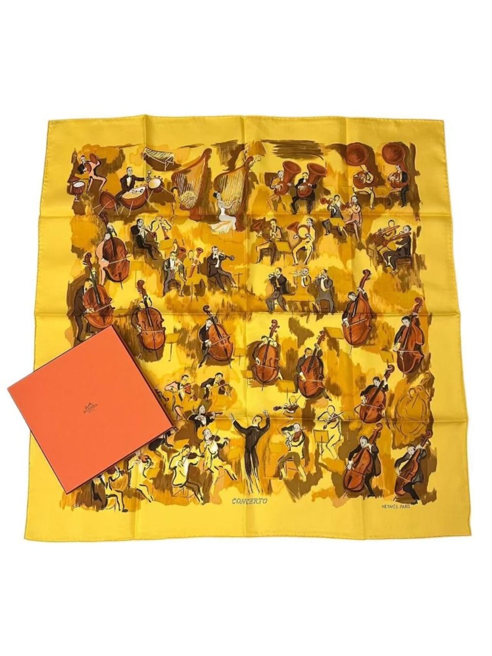 Hermes Carre 90 Concerto Yellow Silk 100% Scarf